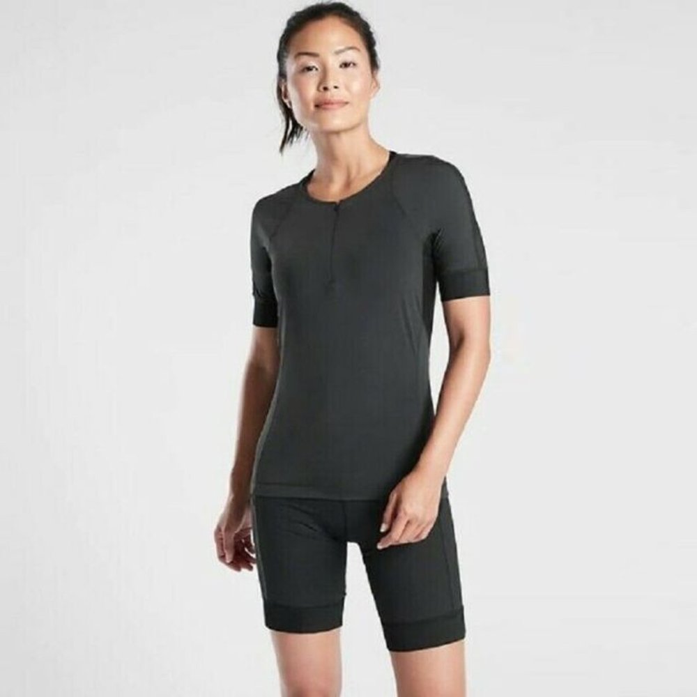 Athleta Cycling Jersey Black Velo Biking Short Sleeve Athletic Top size XL